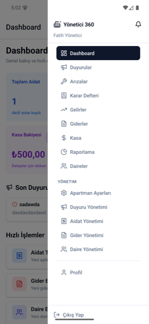 Yönetici 360 mobil menü ekranı